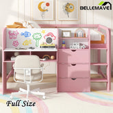 Bellemave® Full Size Low Loft Bed with Built - in Desk,Storage Cabinets and Open Bookcase,Whiteboard for Graffiti - Bellemave